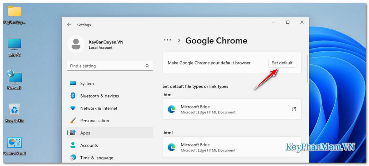 Thay đổi trình duyệt Web mặc định trong Windows 11.